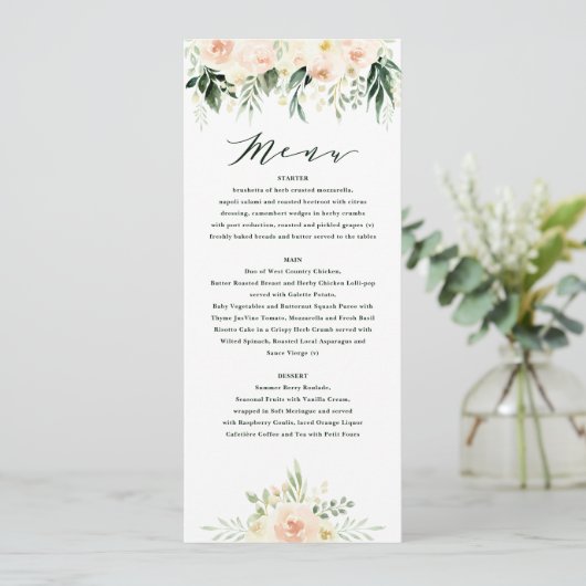 Blush perzik groen bloemen + gebladerte bruiloft m menu (Staand voorkant)