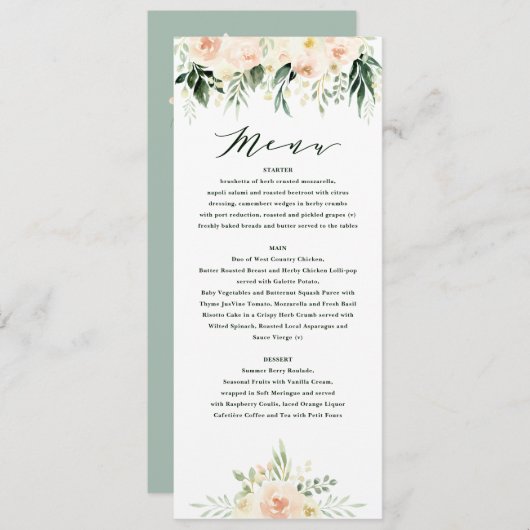 Blush perzik groen bloemen + gebladerte bruiloft m menu (Voorkant / Achterkant)