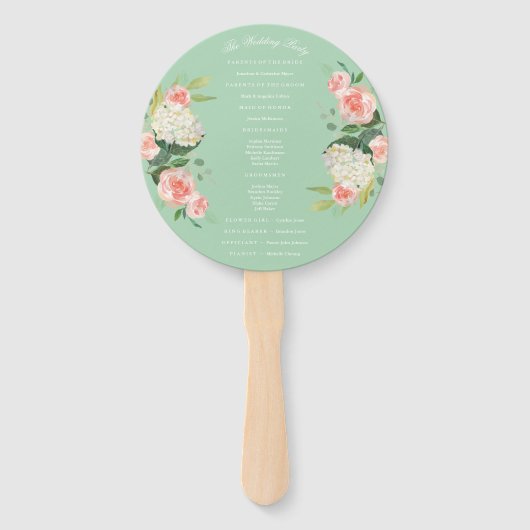 Blush Perzik Mint Waterverf Bloemen Welkomstbruilo Handwaaier (Achterkant)