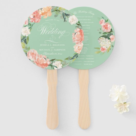 Blush Perzik Mint Waterverf Bloemen Welkomstbruilo Handwaaier (Voorkant en achterkant)