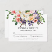 Blush Perzik Paarse Witte Bloemen Groen Bruiloft RSVP Kaartje (Voorkant / Achterkant)