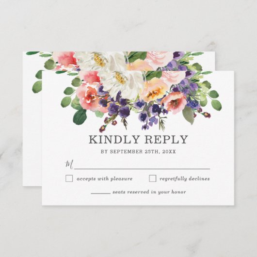 Blush Perzik Paarse Witte Bloemen Groen Bruiloft RSVP Kaartje (Voorkant / Achterkant)