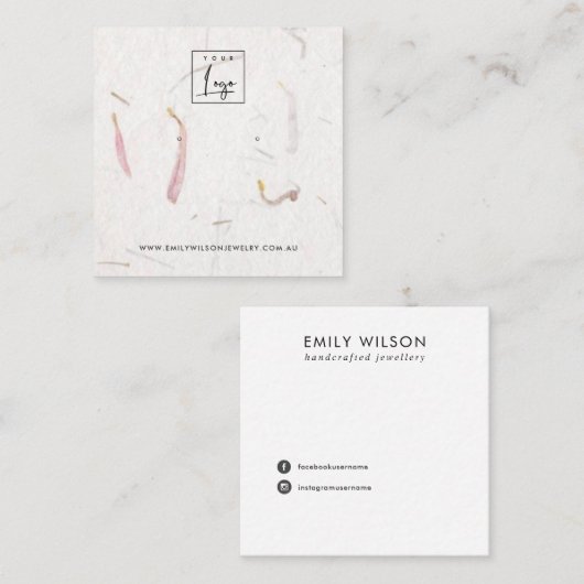 BLUSH PETAL HANDGEMAAKTE PAPIEREN STUD OORBEL DISP VIERKANTE VISITEKAARTJE (Voorkant / Achterkant)