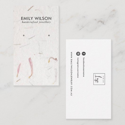 BLUSH PETAL HANDGEMAAKTE PAPIEREN STUD OORBEL DISP VISITEKAARTJE (Voorkant / Achterkant)