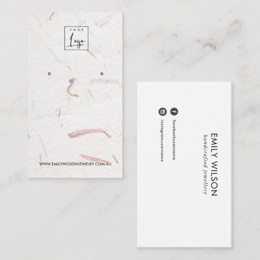 BLUSH PETAL HANDGEMAAKTE PAPIEREN STUD OORBEL DISP VISITEKAARTJE (Voorkant / Achterkant)