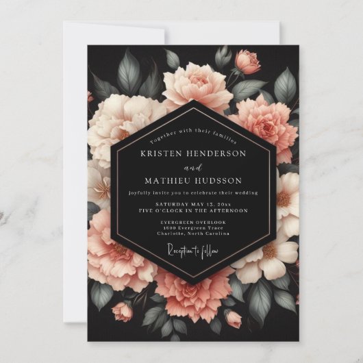 Blush Petal Noir Bruiloft Kaart (Voorkant)
