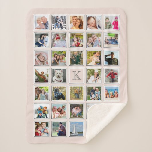 Blush Photo Collage Monogram Grijs Lijst 34 Foto's Sherpa Deken (Voorkant)