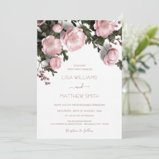 Blush Pink 3D Roses Cottagecore Wedding Kaart (Staand voorkant)