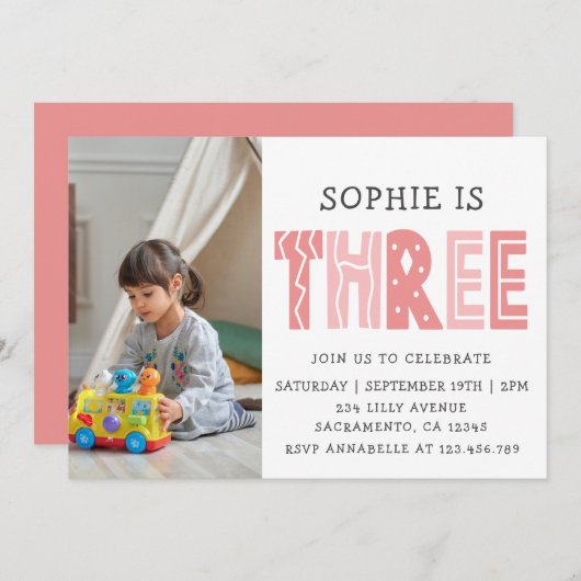 Blush Pink 3e verjaardag foto Kaart (Voorkant / Achterkant)