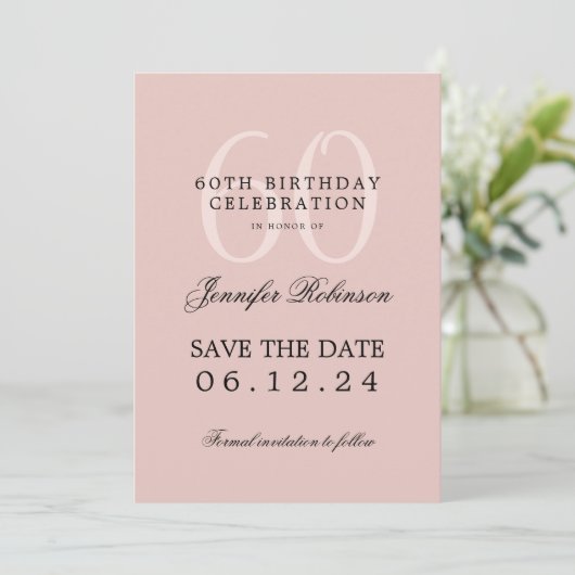Blush Pink 60e verjaardag Save Datum Details Kaart (Staand voorkant)