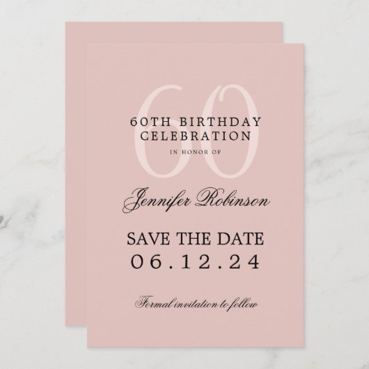 Blush Pink 60e verjaardag Save Datum Details Kaart (Voorkant / Achterkant)