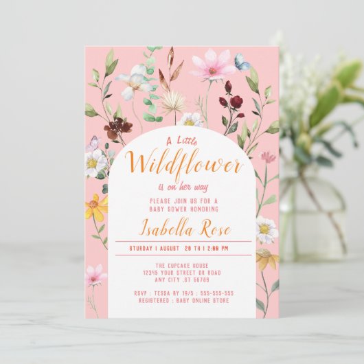 BLush Pink A Little Wildflower Girl Baby shower Kaart (Staand voorkant)