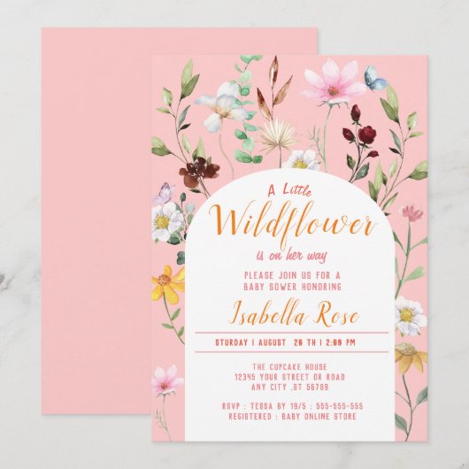 BLush Pink A Little Wildflower Girl Baby shower Kaart (Voorkant / Achterkant)
