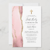 Blush Pink Agaat Goud Glitter Eerste Heilige Commu Kaart (Voorkant)