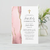 Blush Pink Agaat Goud Glitter Eerste Heilige Commu Kaart (Staand voorkant)