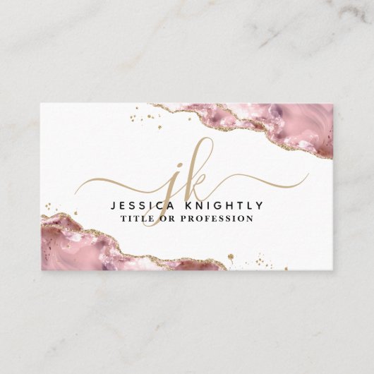 Blush Pink Agaat Script Monogram Gold Glitter Visitekaartje (Voorkant)