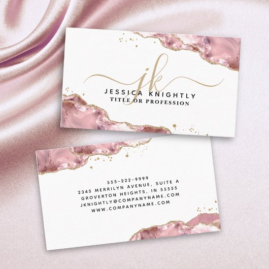Blush Pink Agaat Script Monogram Gold Glitter Visitekaartje