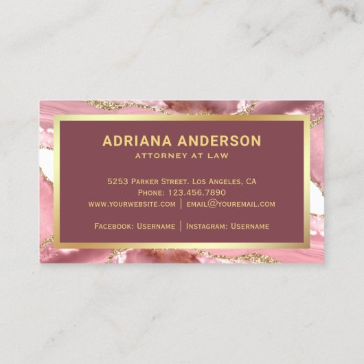 Blush Pink Agate Advocate Gold Pen Nib Visitekaartje (Achterkant)