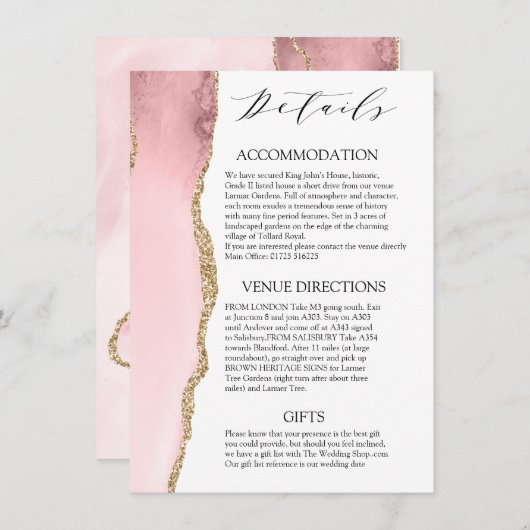  Blush Pink Agate Modern bruiloft details Informatiekaartje (Voorkant / Achterkant)