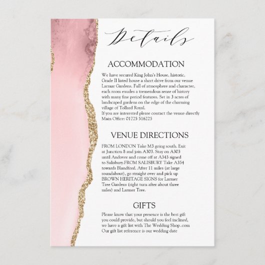  Blush Pink Agate Modern bruiloft details Informatiekaartje (Voorkant)