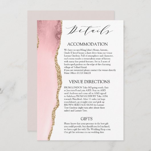  Blush Pink Agate Modern bruiloft details Informatiekaartje (Voorkant / Achterkant)