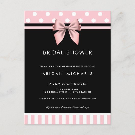 Blush Pink and Black Polka Dot Vrijgezellenfeest Uitnodiging Briefkaart (Voorkant)