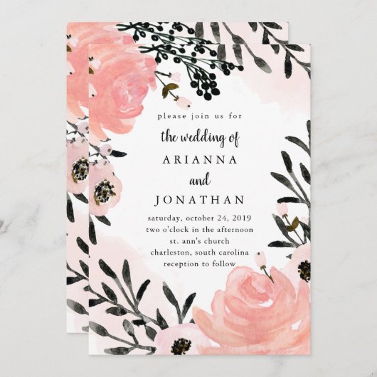 Blush Pink and Black Waterverf Floral | Weddenscha Kaart (Voorkant / Achterkant)