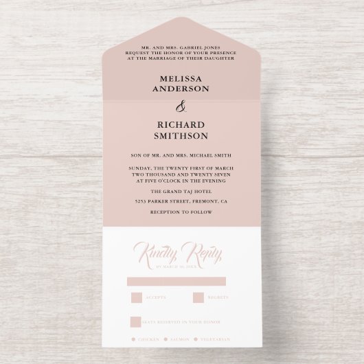 Blush Pink and Black Wedding All In One Uitnodiging (Binnenkant)
