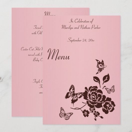 Blush Pink and Brown Flowers and Butterflies Menu Kaart (Voorkant / Achterkant)