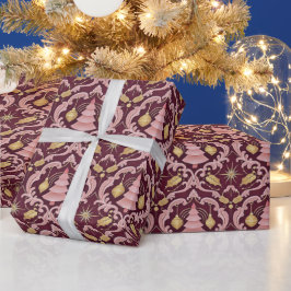 Blush Pink and Burgundy Baroque Christmas Pattern Cadeaupapier
