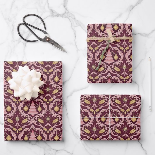 Blush Pink and Burgundy Baroque Christmas Pattern Inpakpapier Vel (Voorkant)