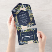 Blush Pink and Dusty Navy Blue Floral Wedding All In One Uitnodiging (Afscheurbaar)