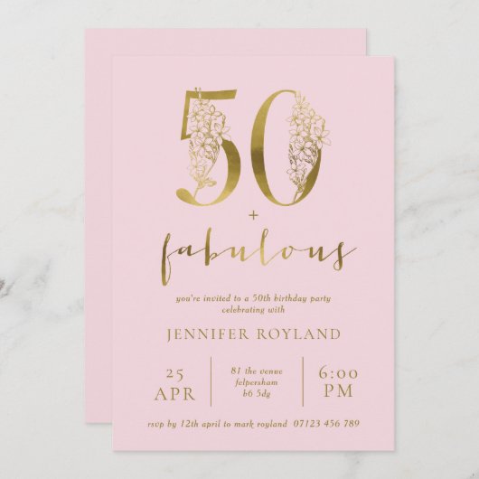 Blush Pink and Gold 50 and Fabulous Birthday Party Kaart (Voorkant / Achterkant)