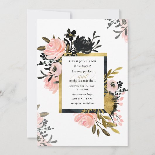 Blush Pink and Gold and Black Floral Wedding Kaart (Voorkant)