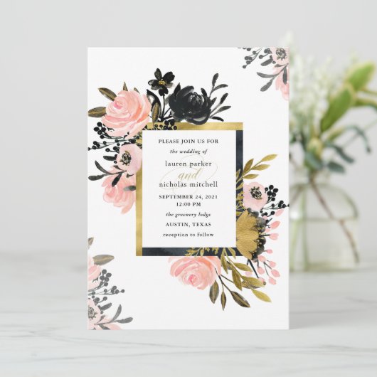 Blush Pink and Gold and Black Floral Wedding Kaart (Staand voorkant)