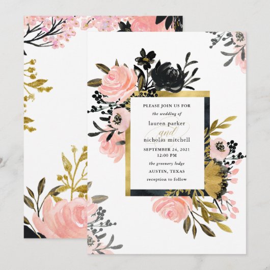 Blush Pink and Gold and Black Floral Wedding Kaart (Voorkant / Achterkant)
