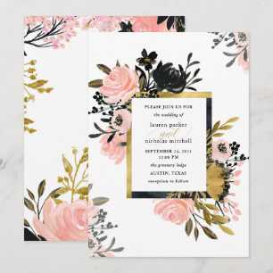 Blush Pink and Gold and Black Floral Wedding Kaart