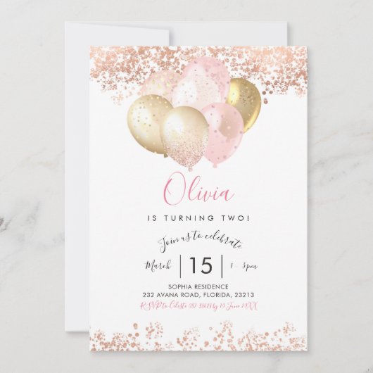 Blush Pink and Gold Birthday Party Invitation Kaart (Voorkant)