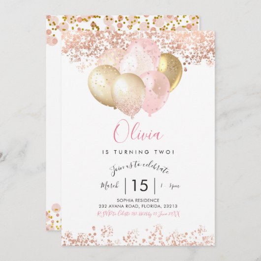 Blush Pink and Gold Birthday Party Invitation Kaart (Voorkant / Achterkant)