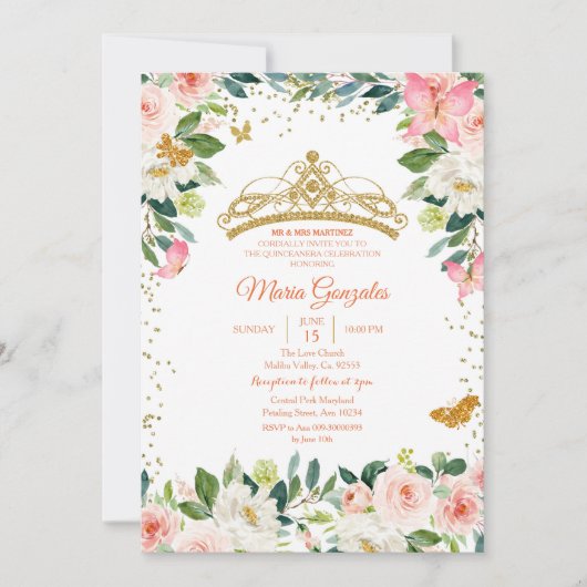 Blush Pink and Gold Butterfly Mis Quince Kaart (Voorkant)