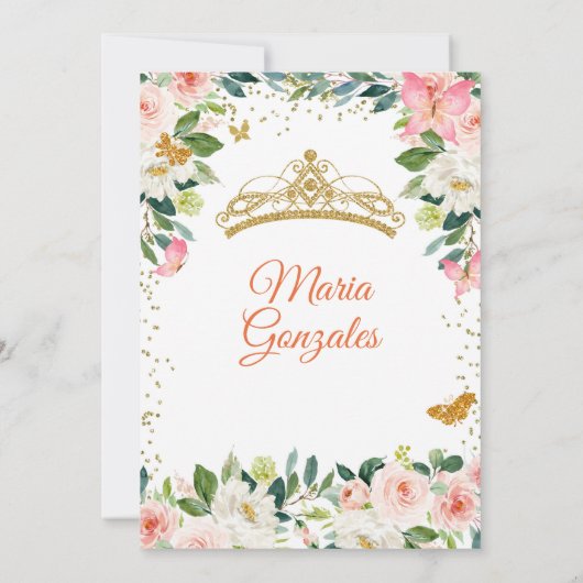 Blush Pink and Gold Butterfly Mis Quince Kaart (Achterkant)