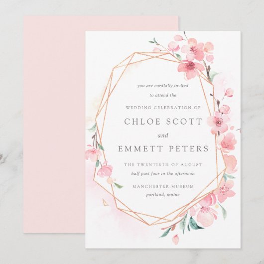 Blush Pink and Gold Cherry Blossom Wedding Kaart (Voorkant / Achterkant)