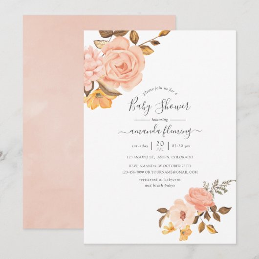 Blush Pink and Gold Floral Baby shower Kaart (Voorkant / Achterkant)