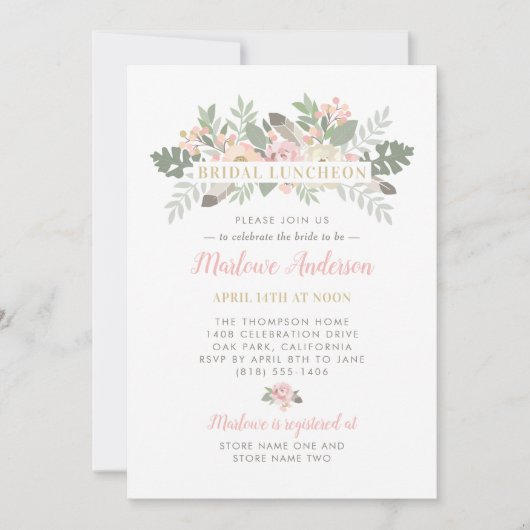 Blush Pink and Gold Floral Boho Bridal Luncheon Kaart (Voorkant)