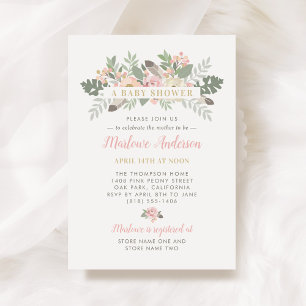 Blush Pink and Gold Floral Boho Girl Baby shower Kaart