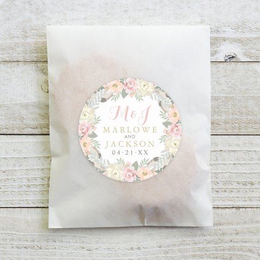 Blush Pink and Gold Floral Boho Wedding Monogram Ronde Sticker