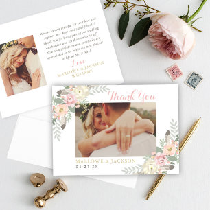 Blush Pink and Gold Floral Boho Wedding Photo Bedankkaart