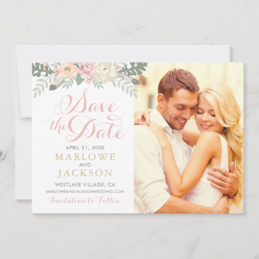 Blush Pink and Gold Floral Boho Wedding Photo Save The Date (Voorkant)
