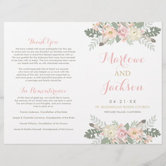 Blush Pink and Gold Floral Boho Wedding Programs (Voorkant)