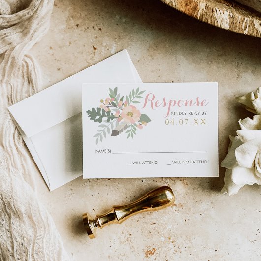 Blush Pink and Gold Floral Boho Wedding RSVP Kaartje